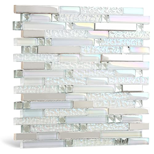 Blujellyfish Glass Metal Tile Iridescent White Glass Silver Mirror Stainless Steel Blends Interlocking Strip Wall Tiles TSTNB01 (Pack of 5 Sheets) - Image 1