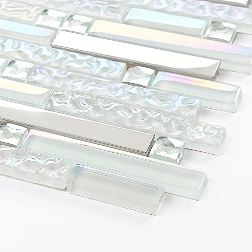 Blujellyfish Glass Metal Tile Iridescent White Glass Silver Mirror Stainless Steel Blends Interlocking Strip Wall Tiles TSTNB01 (Pack of 5 Sheets) - Image 3