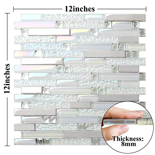 Blujellyfish Glass Metal Tile Iridescent White Glass Silver Mirror Stainless Steel Blends Interlocking Strip Wall Tiles TSTNB01 (Pack of 5 Sheets) - Image 4