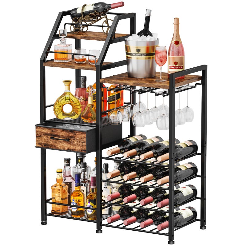 HapiRm Wine Rack Freestanding Floor - Multi-Tier Liquor Cabinet with Fabric Drawer, Liquor Bottle Display Shelf with Glass Holder, Vintage Whiskey Cabinet for Home - Image 1