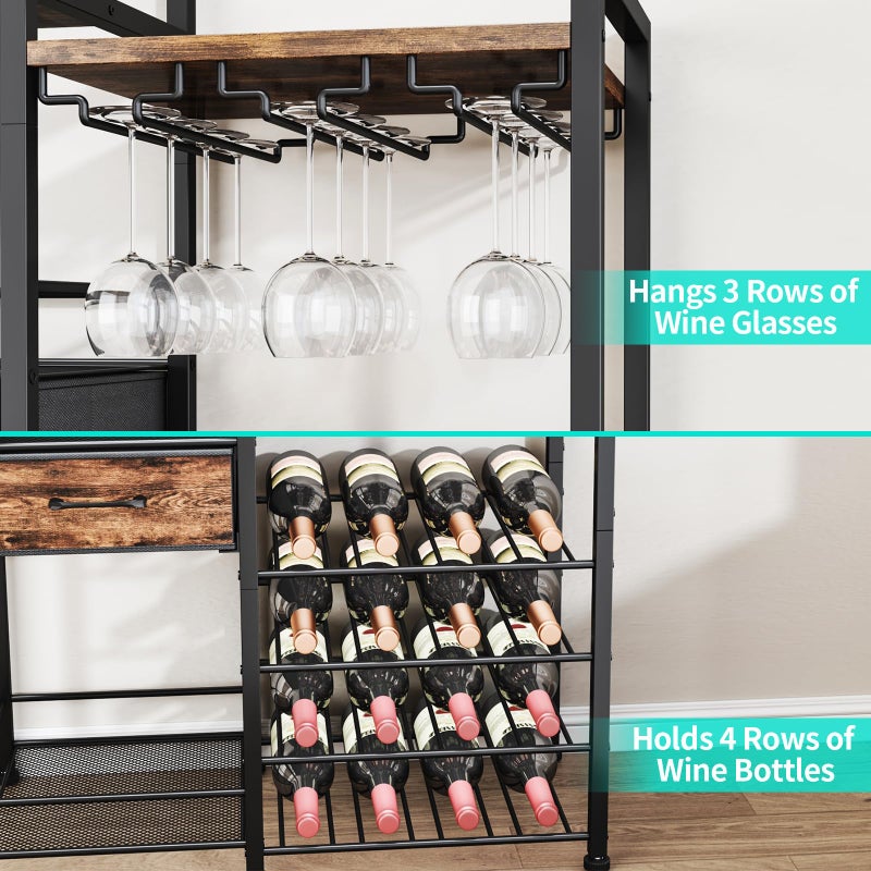 HapiRm Wine Rack Freestanding Floor - Multi-Tier Liquor Cabinet with Fabric Drawer, Liquor Bottle Display Shelf with Glass Holder, Vintage Whiskey Cabinet for Home - Image 2