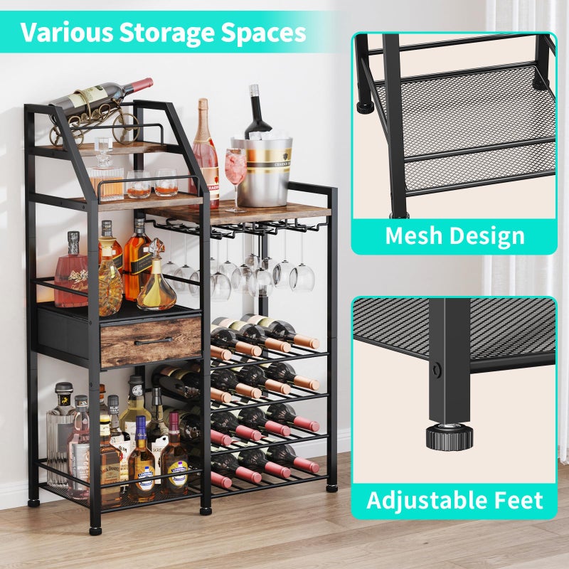 HapiRm Wine Rack Freestanding Floor - Multi-Tier Liquor Cabinet with Fabric Drawer, Liquor Bottle Display Shelf with Glass Holder, Vintage Whiskey Cabinet for Home - Image 3