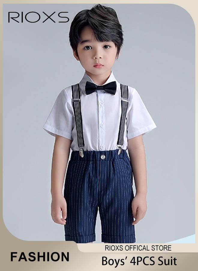 RIOXS Boys 4 Pcs Suits Set,Short Sleeves Shirt,Bowtie,Pants And Suspender,Formal Dresswear Gentleman Set For Kids Boys,Ceremony Clothing Set For Party Wedding Performance And Formal Occasions  - Image 1