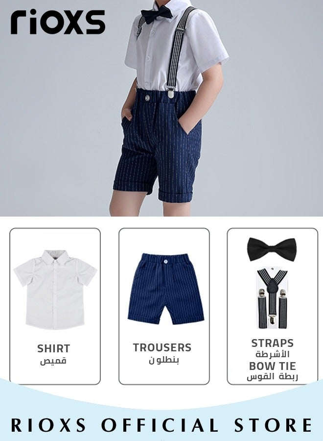 RIOXS Boys 4 Pcs Suits Set,Short Sleeves Shirt,Bowtie,Pants And Suspender,Formal Dresswear Gentleman Set For Kids Boys,Ceremony Clothing Set For Party Wedding Performance And Formal Occasions  - Image 4