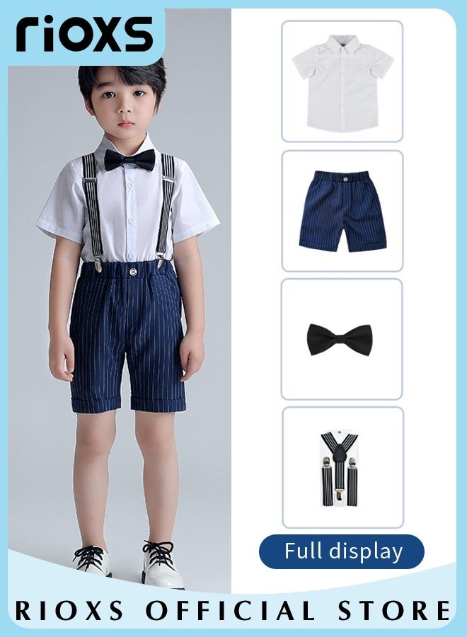 RIOXS Boys 4 Pcs Suits Set,Short Sleeves Shirt,Bowtie,Pants And Suspender,Formal Dresswear Gentleman Set For Kids Boys,Ceremony Clothing Set For Party Wedding Performance And Formal Occasions  - Image 2