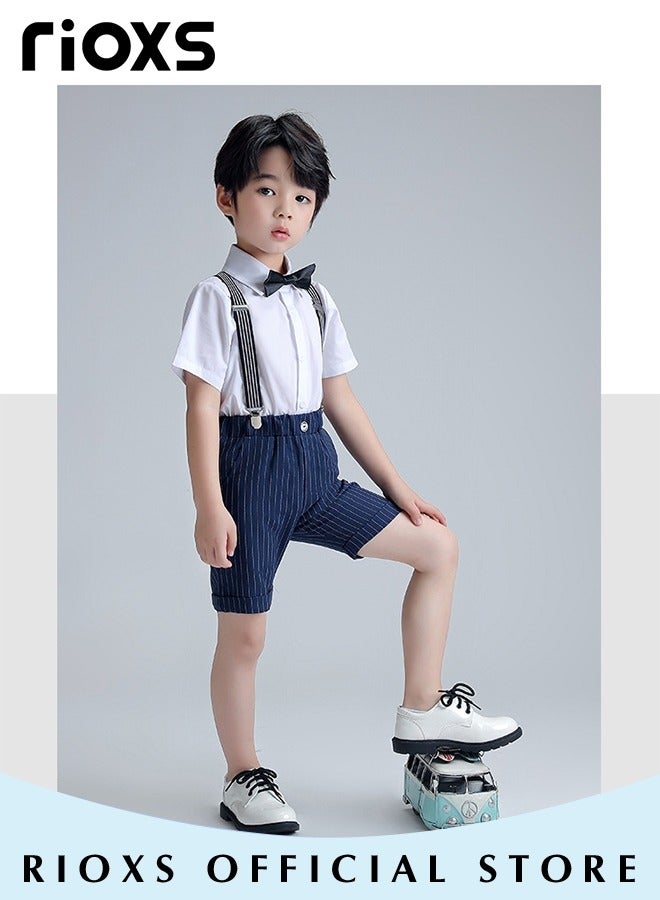 RIOXS Boys 4 Pcs Suits Set,Short Sleeves Shirt,Bowtie,Pants And Suspender,Formal Dresswear Gentleman Set For Kids Boys,Ceremony Clothing Set For Party Wedding Performance And Formal Occasions  - Image 3