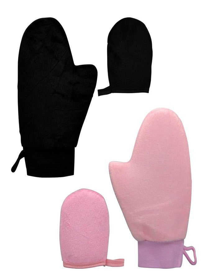 IHYjinchoo 4-Pack Self Tanning Mitt Applicator Set, Double-Sided Reusable Sunless Tanning Mittens with Thumb and Cuffs for Body, Mini Face Tanner Mitt, Soft & Washable (2 Face+2 Body Mitts-Black+Pink) - Image 1