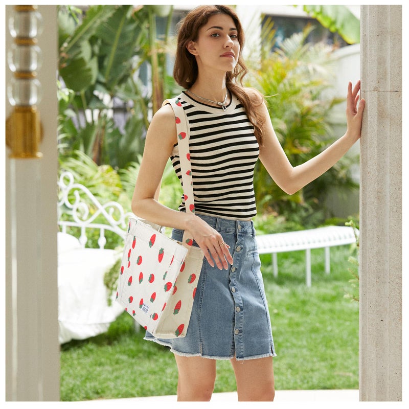 Valleycomfy Corduroy Tote Bag for Women Travel Crossbody Bag Purse Women Shoulder Bags Work Handbags Everyday Hobo Bag (Strawberry, Large) - Image 3