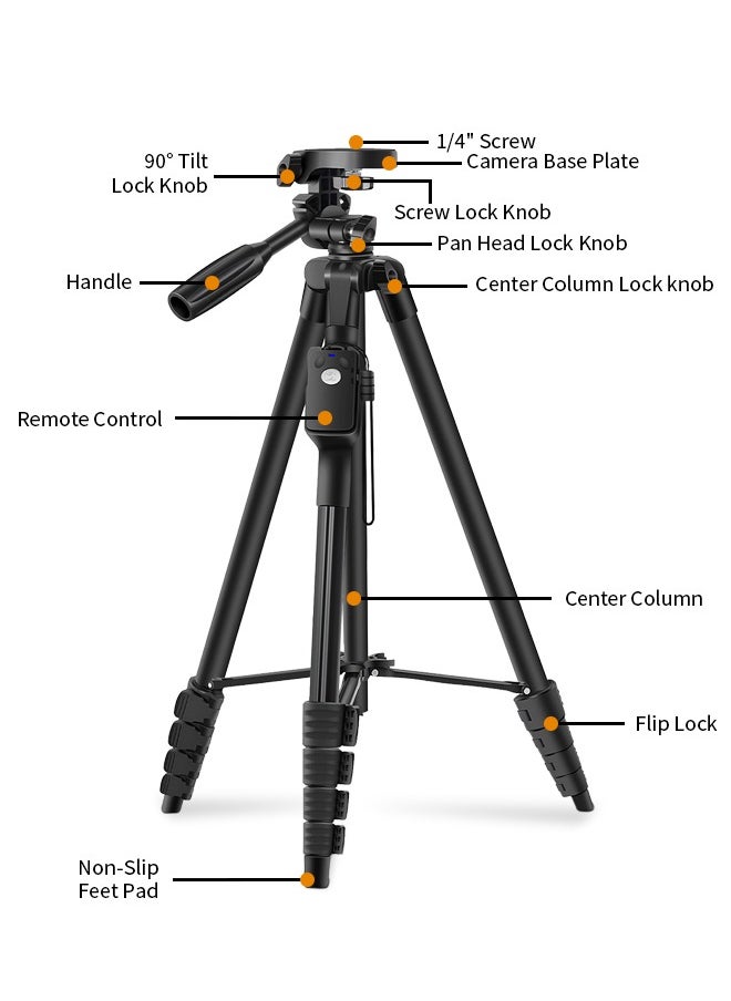 TONEOF Tripod, 67" Camera Tripod with Travel Bag, Cell Phone Tripod with Remote, Aluminum Portable Tripod Stand with Phone Tripod Mount & 1/4”Screw, for Phone/Camera/Projector/DSLR/SLR