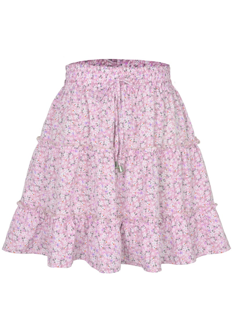 Loquat Women's Summer Boho Dot Patterned Mini Skirt High Waist Drawstring Tiered Skirts Dusty Pink 