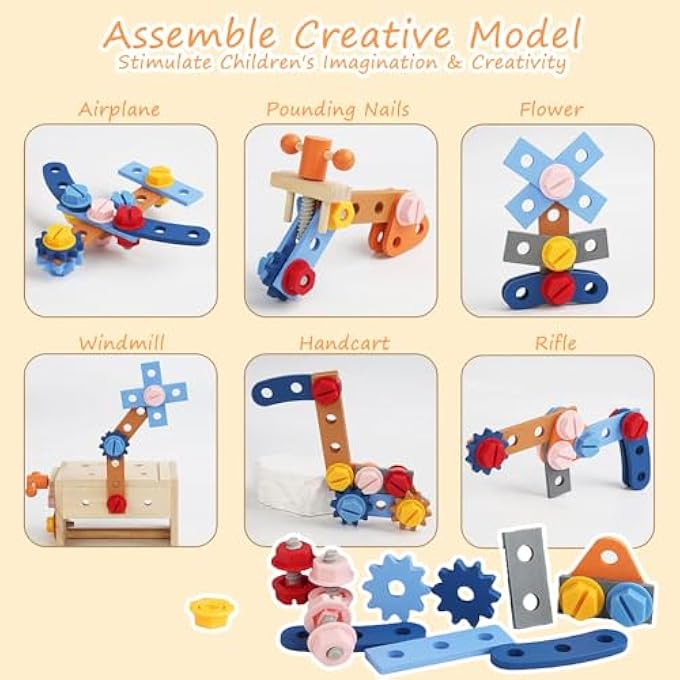 KIDS TOOL SET WITH APRON, WOODEN TODDLER TOOL BENCH MONTESSORI TOYS FOR 3+YEAR OLD 21 PCS EDUCATIONAL STEM CONSTRUCTION TOY FOR AGES 3-5 PRETEND PLAY TODDLER TOYS 3 4 5 YEAR OLD BIRTHDAY GIFT - Image 4