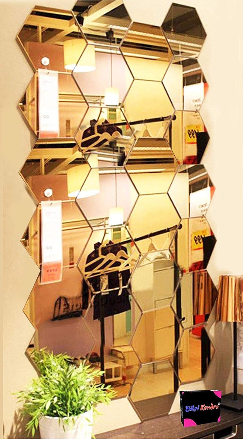 Bikri Kendra 28 Hexagon Golden Mirror Stickers for Wall Hexagon Mirror Wall Stickers Acrylic Mirror Hexagonal Mirror Wall Sticker Wall Stickers for Hall Room Bedroom Living Room