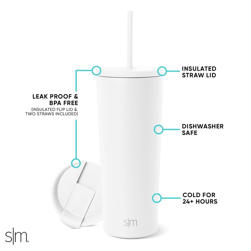 Simple Modern Insulated Tumbler with Lid and Straw | Iced Coffee Cup Reusable Stainless Steel Water Bottle Travel Mug | Gifts for Women Men Her Him | Classic Collection | 24oz | Winter White - Image 2