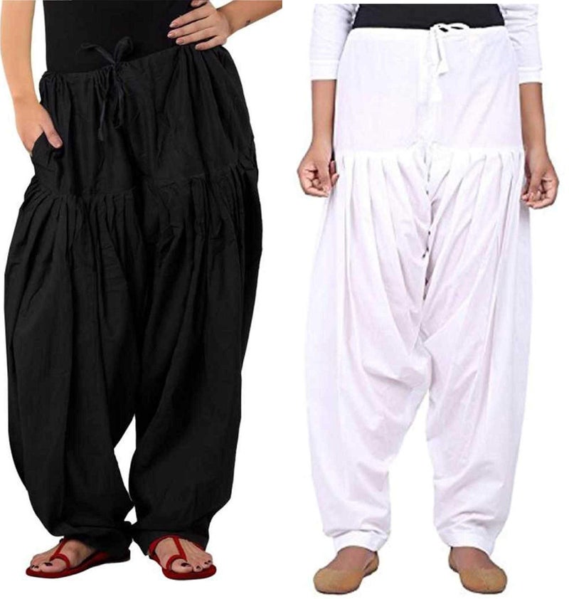 ANARO Black Combo Cotton Patiala Salwar Pants for Womens and Girls (Black and White, 48W X 40L) - Image 1