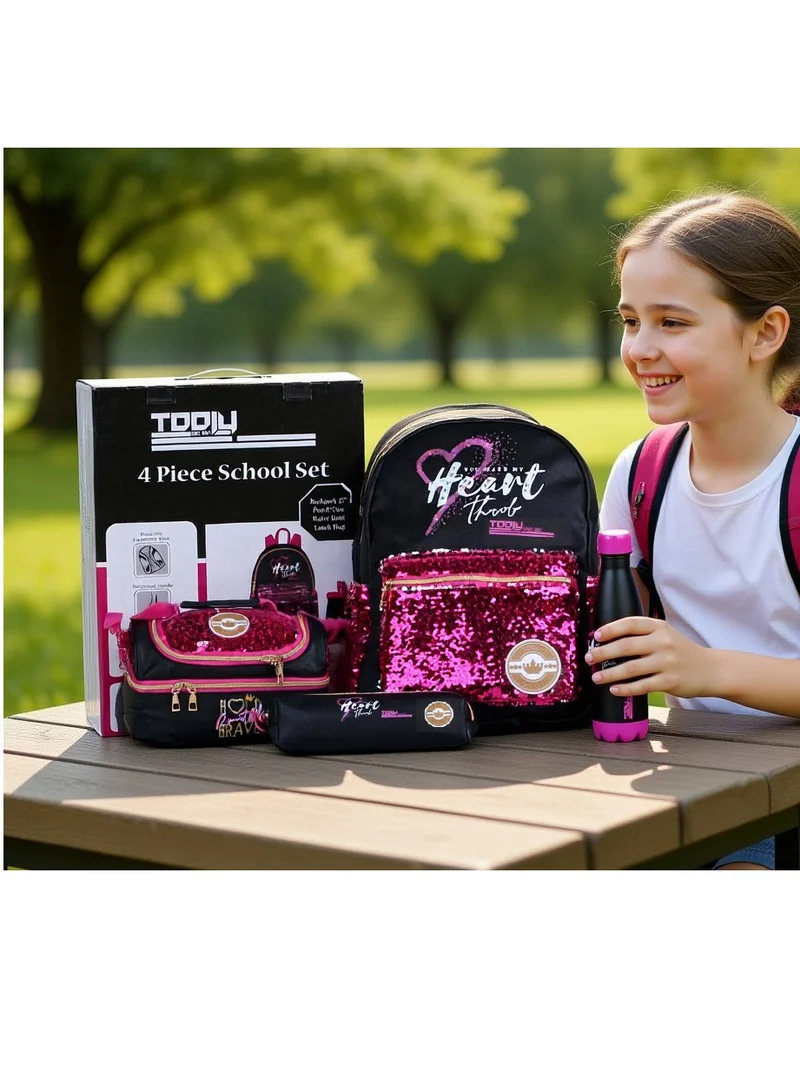 تولي طقم مدرسي  قطع، حقيبة ظهر بتصميم قلب، طقم حقيبة وزجاجة مياه باللونين الأسود والوردي