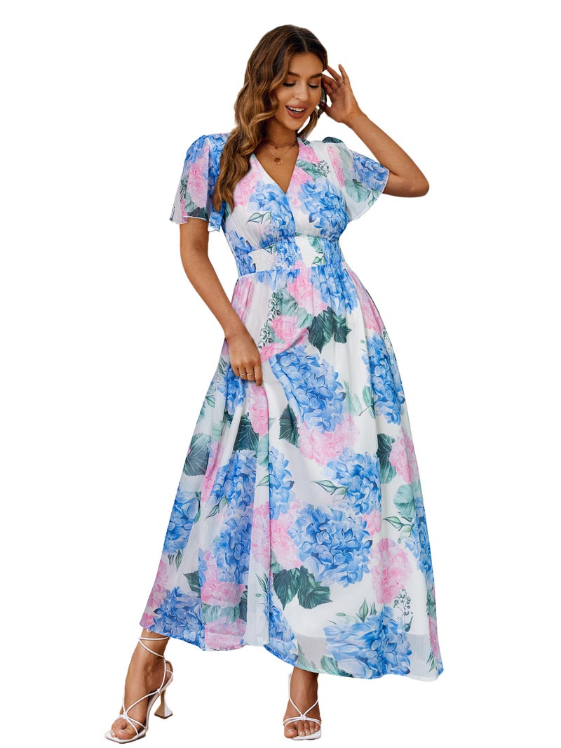 Simplee Apparel Simplee Women Floral Boho Maxi Dress Spring Wedding Guest Empire Waist V Neck Short Sleeve Long Flowy Dresses (L Blue Pink Hydrangea) - Image 1