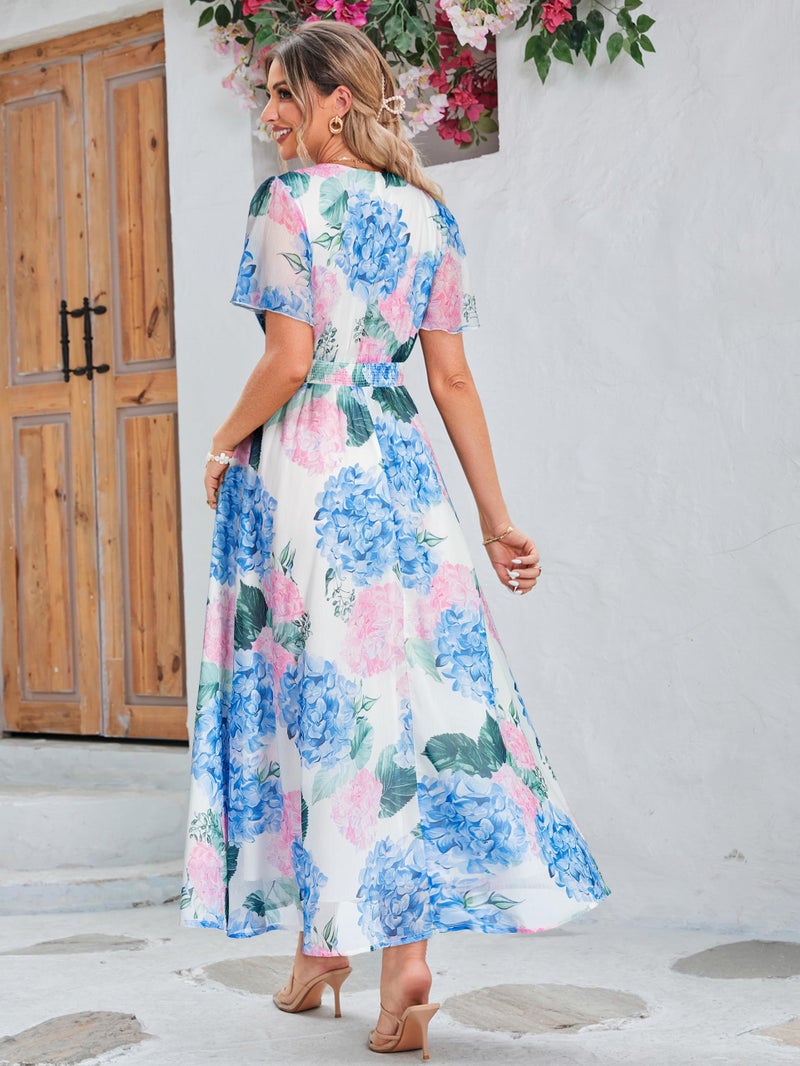 Simplee Apparel Simplee Women Floral Boho Maxi Dress Spring Wedding Guest Empire Waist V Neck Short Sleeve Long Flowy Dresses (L Blue Pink Hydrangea) - Image 4