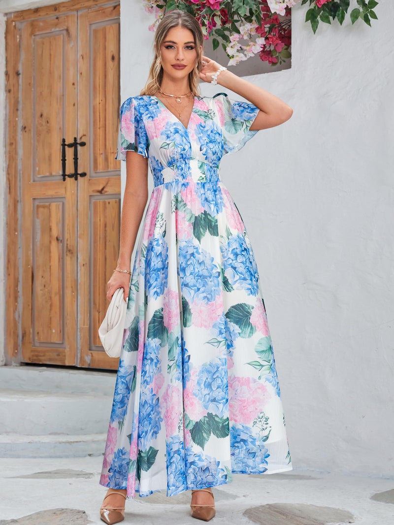 Simplee Apparel Simplee Women Floral Boho Maxi Dress Spring Wedding Guest Empire Waist V Neck Short Sleeve Long Flowy Dresses (L Blue Pink Hydrangea) - Image 2