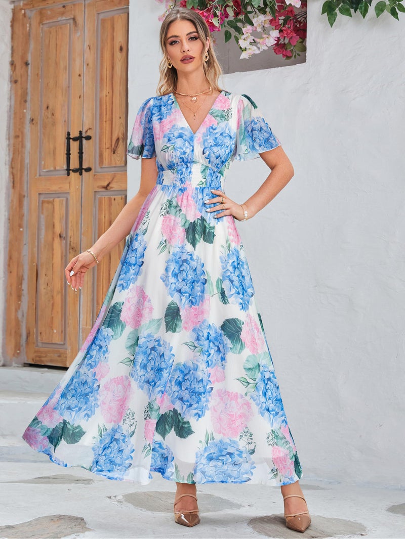 Simplee Apparel Simplee Women Floral Boho Maxi Dress Spring Wedding Guest Empire Waist V Neck Short Sleeve Long Flowy Dresses (L Blue Pink Hydrangea) - Image 5