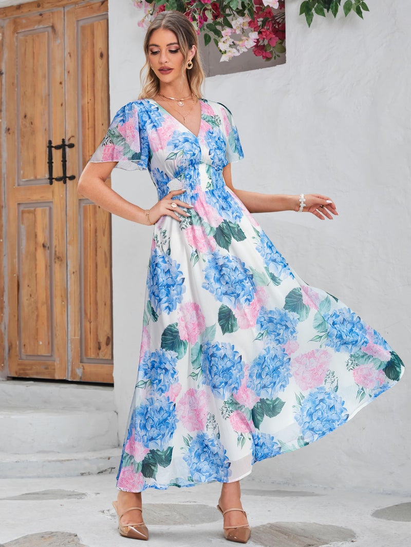Simplee Apparel Simplee Women Floral Boho Maxi Dress Spring Wedding Guest Empire Waist V Neck Short Sleeve Long Flowy Dresses (L Blue Pink Hydrangea) - Image 3