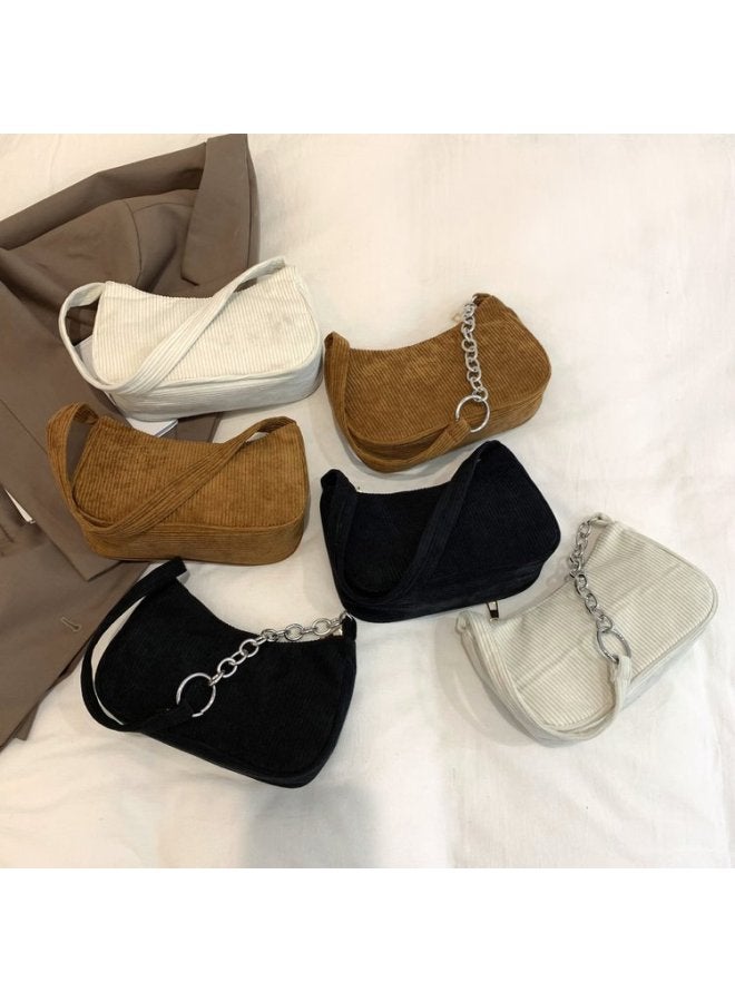 Autumn/winter Small Square Handbag Fashionable Retro Corduroy Single Shoulder Bag Stylish Underarm Breadstick Bag For Women-Color:Chain Brown  - Image 2