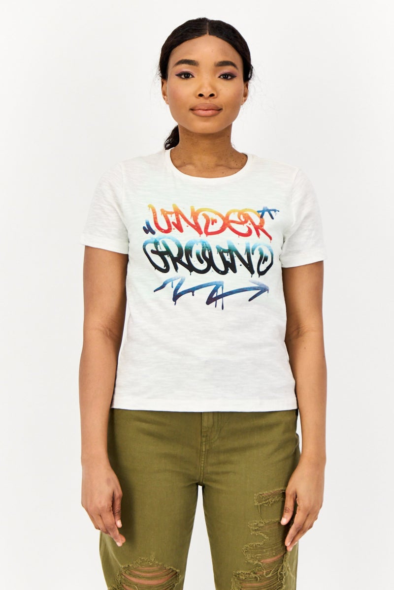 ONLY Women Crew Neck Short Sleeve Graphic T Shirt, White  - Image 1