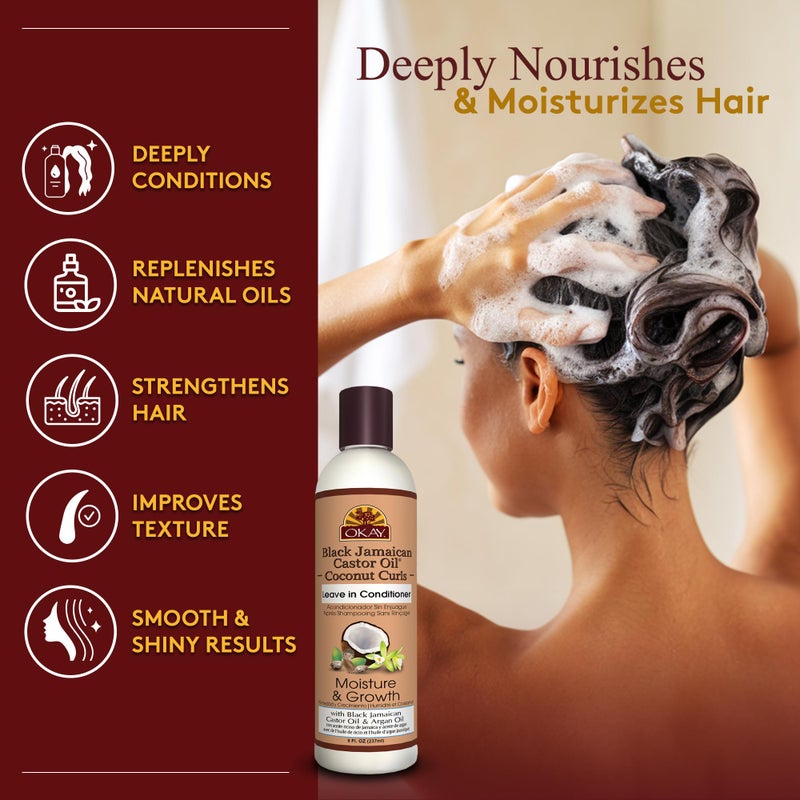 OKAY Black Jamaican Castor Oil Leave In Conditioner - Hair Moisturizer for Women and Men, Natural Hair Product for Hair Growth, Curly Hair Grease for Smooth, Moisturized Hair - 8 oz (Pack of 1) - Image 2