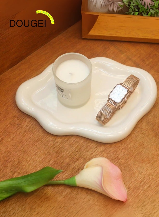 دوغي طبق حلية صينية مجوهرات سيراميك ، صينية مفاتيح سحابة زخرفية للنساء ، طبق حامل خاتم ، لطيف لوحة مجوهرات وعاء ديكور غرفة جمالية ، أبيض ، متوسط - Image 1