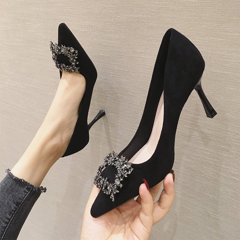 High-Heeled Shoes All-Match French Girl Pointed Stiletto Heel Rhinestone Square Buckle Professional Single-Layer Shoes Black - Image 4