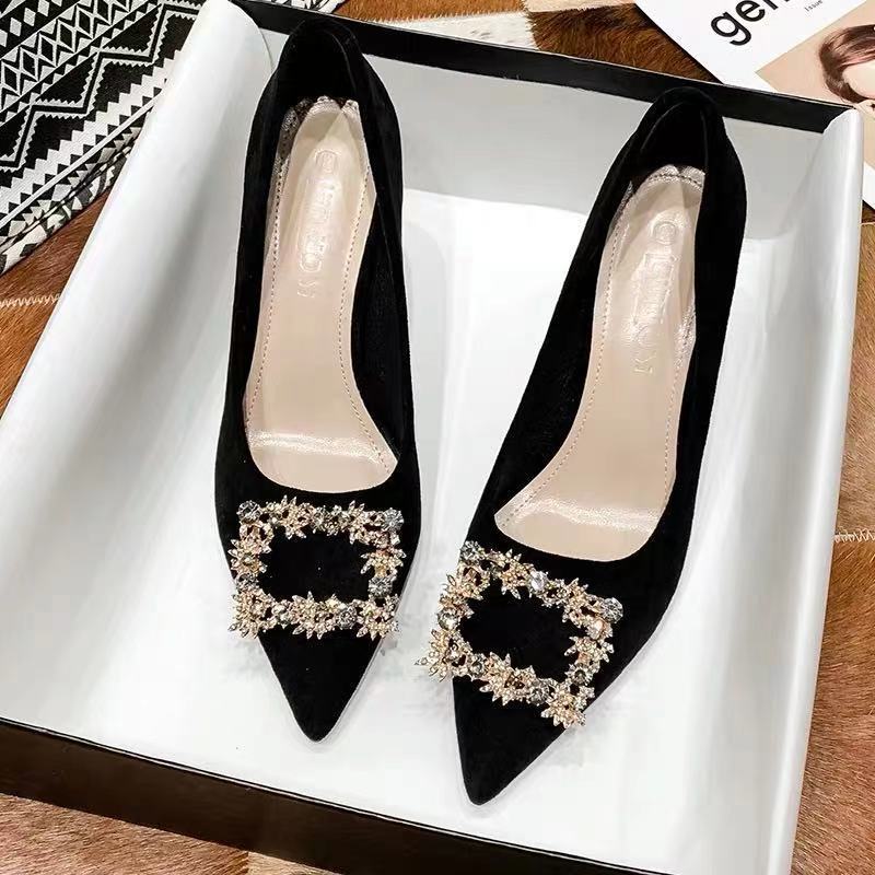 High-Heeled Shoes All-Match French Girl Pointed Stiletto Heel Rhinestone Square Buckle Professional Single-Layer Shoes Black - Image 2