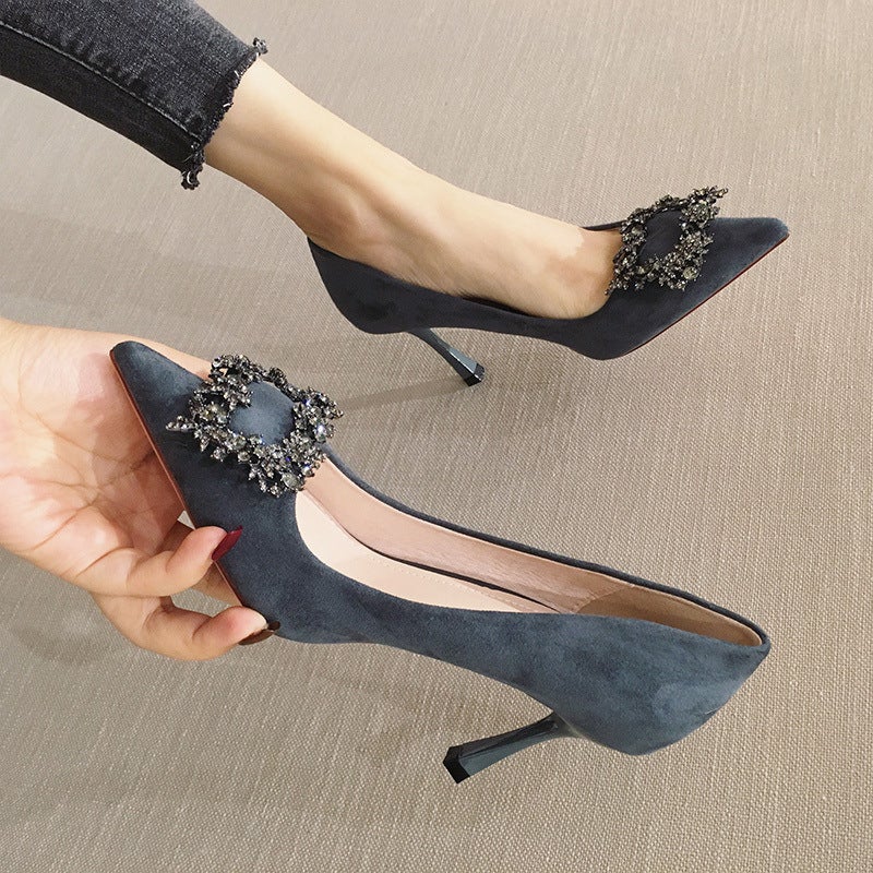 High-Heeled Shoes All-Match French Girl Pointed Stiletto Heel Rhinestone Square Buckle Professional Single-Layer Shoes Black - Image 3