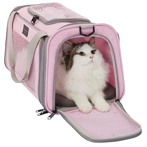 حاملة القطط PETSFIT حاملة حيوانات أليفة معتمدة من قبل شركات الطيران لحمل القطط الصغيرة والمتوسطة تحت 12 رطل حاملة قطط ذات جوانب ناعمة مع سجادة قابلة للتمديد مريحة حقيبة حاملة القطط باللون الوردي