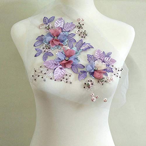 1 Pairs Craft Crystal Diamond Insert Feather Floral Embroidered Applique Trim Decorated Lace Neckline Collar Clothing DIY Sewing Patches Violet
