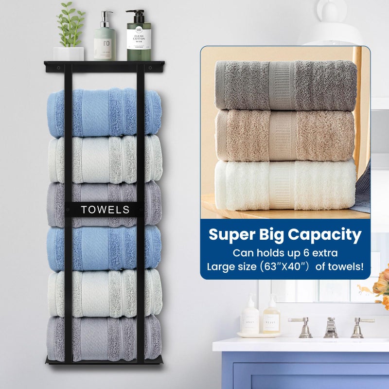 BSNBIC Bathroom Towel Storage Rack, Wall Mounted Bathroom Towel Rack, 30 inch Heavy Duty 6 Large Towels, Wall Mounted Towel Rack for Rolled Towels, Black - Image 2