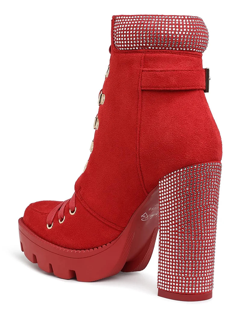 London Rag Red Diamante Set Block Heeled Ankle Boot