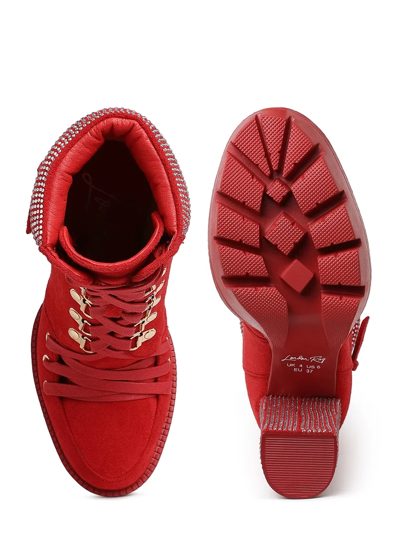 London Rag Red Diamante Set Block Heeled Ankle Boot