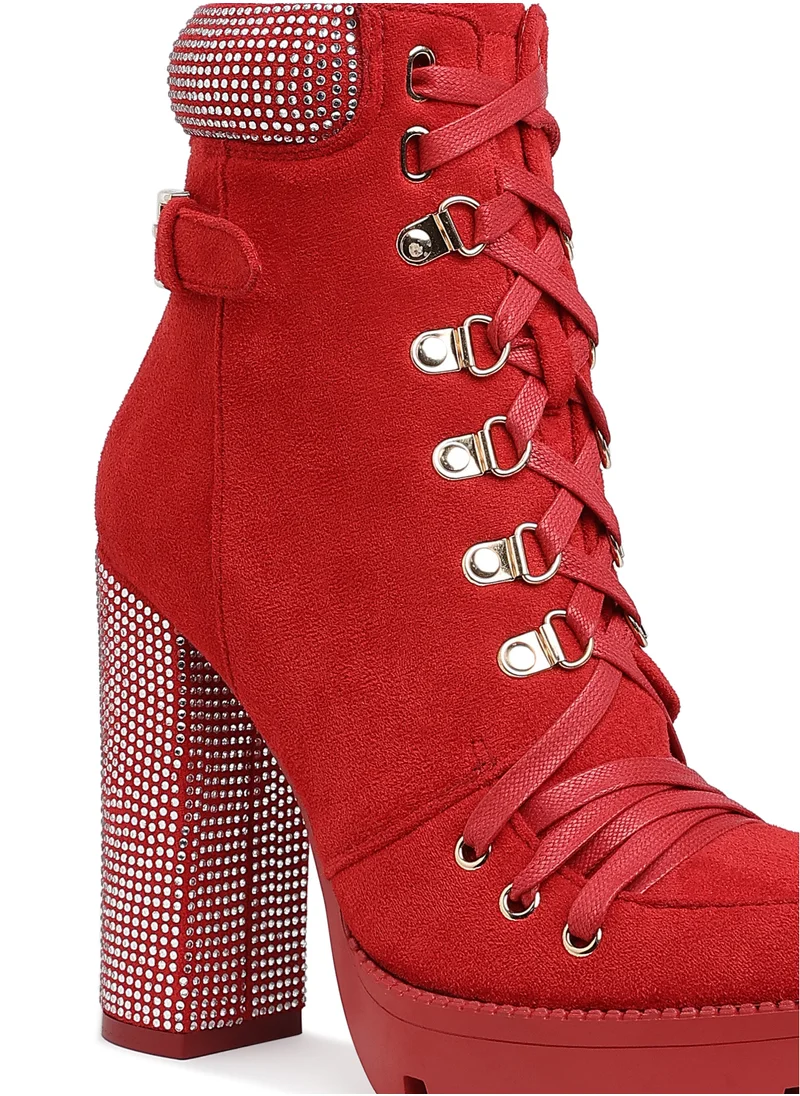 London Rag Red Diamante Set Block Heeled Ankle Boot