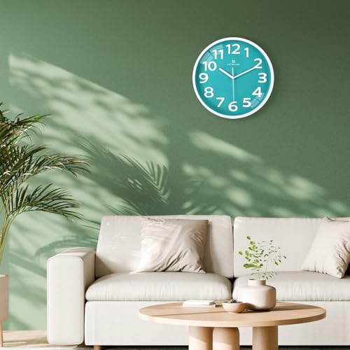 Lafocuse 12 Inch Silent 3D Numbers Teal Wall Clock for Living Room Decor, Battery Operated Teal Green Clocks for Girls Room Bedroom Kitchen - Image 4