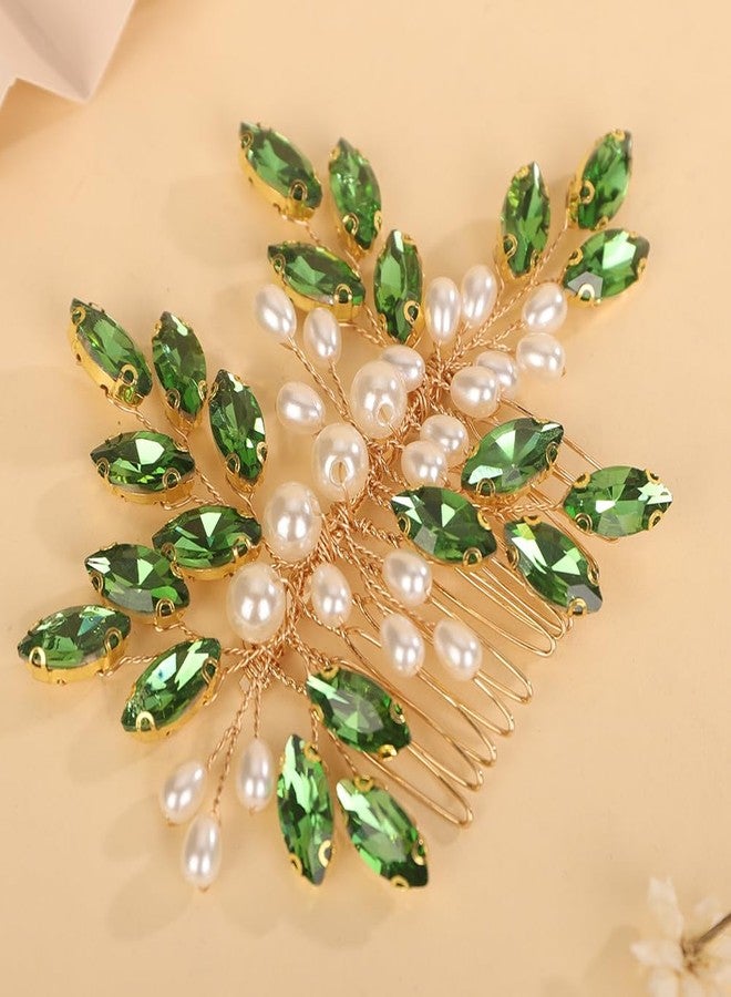 BERYUAN Crystal Rhinestone Hair Comb Rhinestone Pearls Headpiece Teardrop Rhinestone Wedding Hair Accessories for Women (green) - Image 2