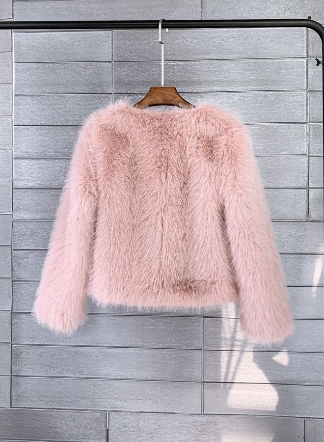 Loquat Women's Solid Color Imitation Fur Short Coat Pink  - Image 3