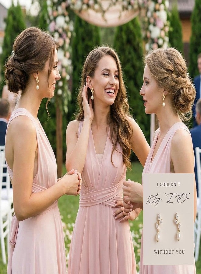 Novearring طقم أقراط وصيفات العروس، 6 أقراط ذهبية متدلية من اللؤلؤ، هدية مثالية لطلب وصيفة العروس، هدية لحفل الزفاف، بطاقة شكر "لا أستطيع قول نعم بدونك"، هدية جاهزة للإهداء في يوم الزفاف. - Image 2
