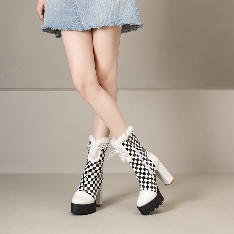 2024 Independent Station Style Thick Bottom High Heel Chessboard 40-48 Plus Size Lace-Up Low Barrel Women'S Boots - Image 5