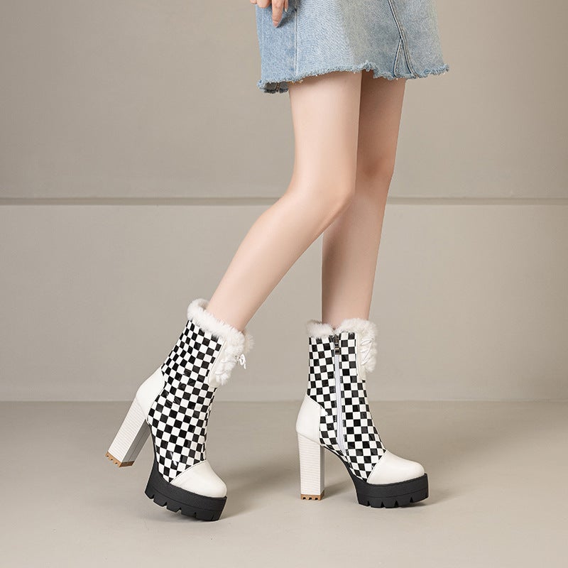 2024 Independent Station Style Thick Bottom High Heel Chessboard 40-48 Plus Size Lace-Up Low Barrel Women'S Boots - Image 3