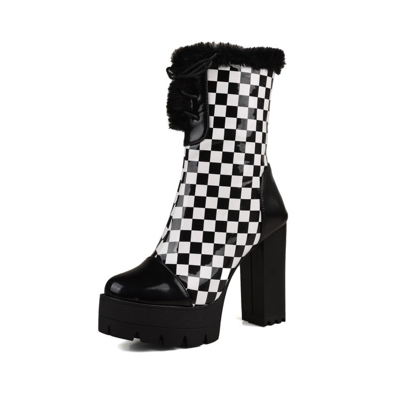 2024 Independent Station Style Thick Bottom High Heel Chessboard 40-48 Plus Size Lace-Up Low Barrel Women'S Boots - Image 1