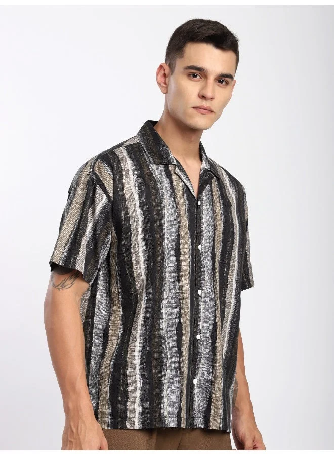 Beyoung Brown and Black Printed Cuban Shirt