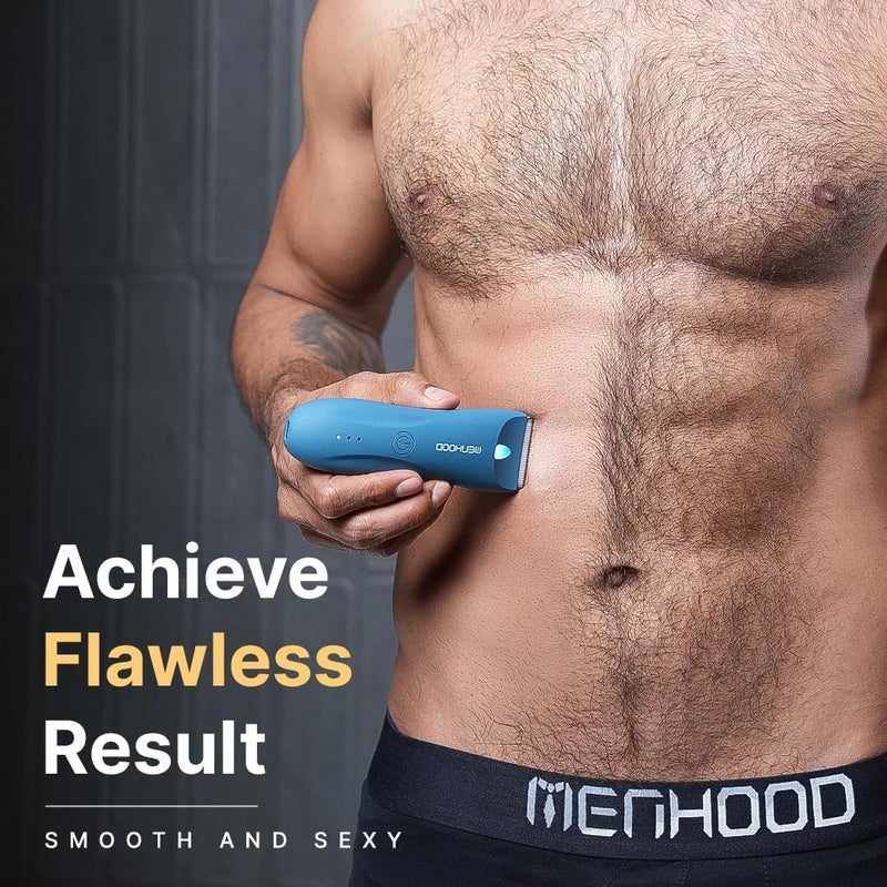 مينهود MENHOOD ماكينة حلاقة للرجال للعناية بالجسم والمناطق الحساسة 1.0 برو، مقاومة للماء IPX7، شحن لاسلكي مع دعم Type C ومدة تشغيل 150 دقيقة، ضوء LED 4000K، شفرات سيراميك للحلاقة أسفل الحزام (أزرق) - Image 2