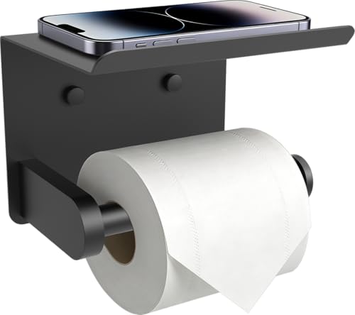 SetSail Toilet Paper Holder with Shelf Adhesive or Screw Bathroom Toilet Paper Roll Holders Wall Mount Matte Black Tissue Holder for Bathroom Hardware Accessories - Image 1