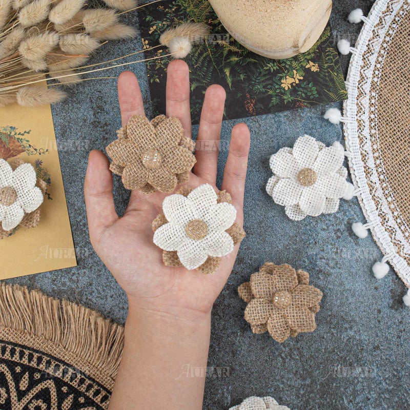 AUEAR  30 Pack Handmade Burlap Flowers Natural Burlap Rose Rustic Flower Burlap Rose Flower for Home Wedding Party Decoration DIY Crafts (3 Colors) - Image 5