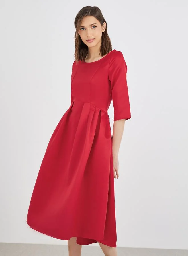Take Two Take Two Solid Round Neck Pleated Detail Midi Dress
