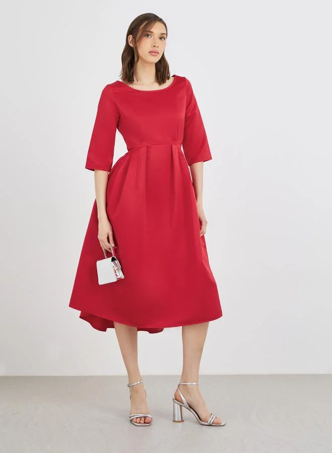 تايك تو Take Two Solid Round Neck Pleated Detail Midi Dress